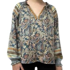 Current Air Anthropologie Sz S Teal Green Floral Printed Long Sleeve Blouse Top
